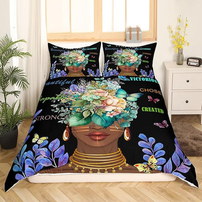Girl African Duvet Cover Set King Size,African Style American Inspirational Quotes Bedding Set Kids Girls Women Room Decor Watercolor Flowers Butterfly Comforter Cover Black Fashion Quilt Cover 3Pcs