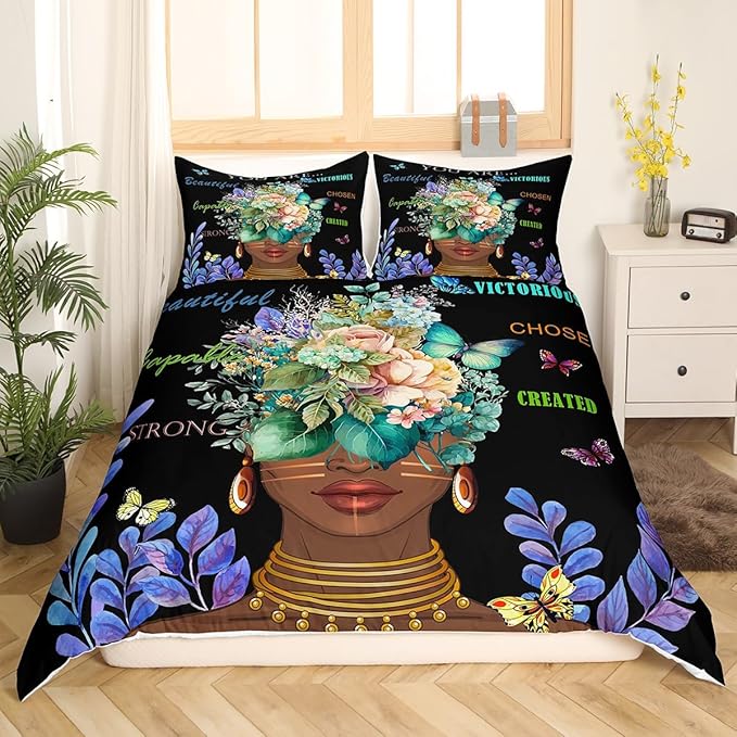 Girl African Duvet Cover Set Full Size,African Style American Inspirational Quotes Bedding Set Kids Girls Women Room Decor,Watercolor Flowers Butterfly Comforter Cover Black Fashion Quilt Cover 3pcs