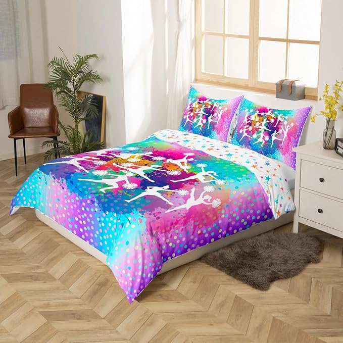 Cheerleading Girls Duvet Cover Sets Full Size,Gymnastics Dancing Lovers Bedding Set for Kids Teens Woman Room Decor,Rainbow Watercolor Graffiti Dots Comforter Cover Modern Fashion Quilt Cover 3pcs