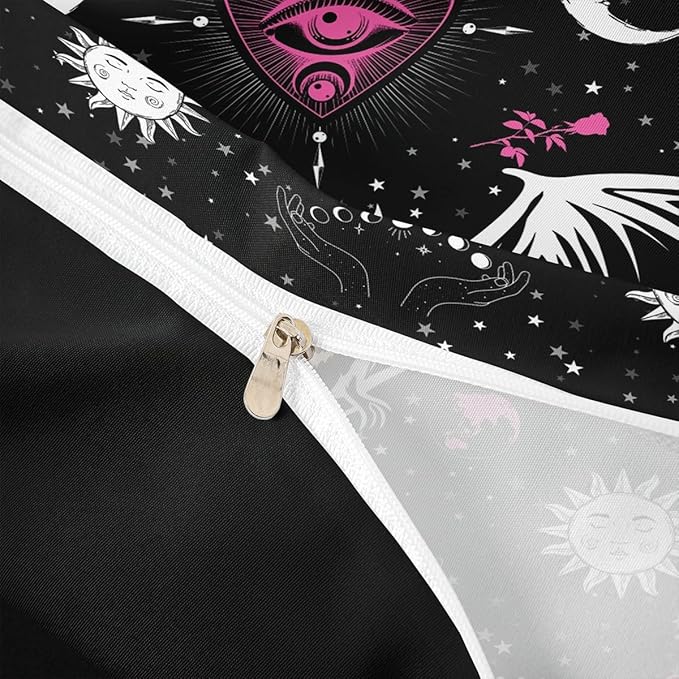Bat Duvet Cover Set Full Size Sun Moon Starry Galaxy Bedding Set Gothic Style Wild Animals Comforter Cover for Kids Boys Girls Teens Bedroom Decor Pink Floral Exotic Black White Quilt Cover 3Pcs