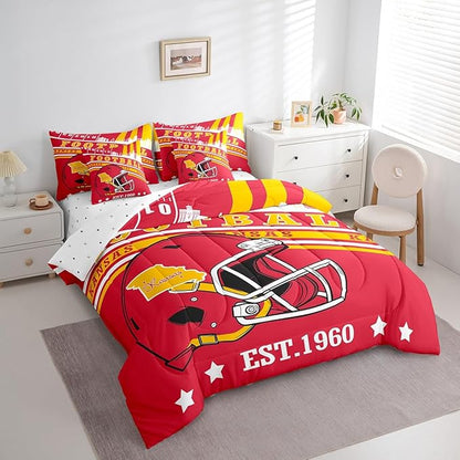 Football Lovers King Bedding Sets, Football Sports Decor Comforter Set Red And Yellow Football Rugby Helmet Comforter + Flat Sheet + Fitted Sheet + 2 Pillowcases + 2 Throw Pillow Covers (Kansas)
