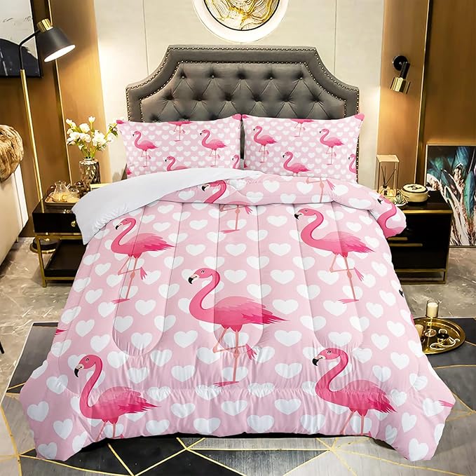 Flamingo Comforter Set Queen Size Tropical Pink Flamingo Love Heart Pattern Bedding Set Kawaii Quilted Duvet for Kids Girls Boys Adult with 1 Comforter and 2 Pillowcases