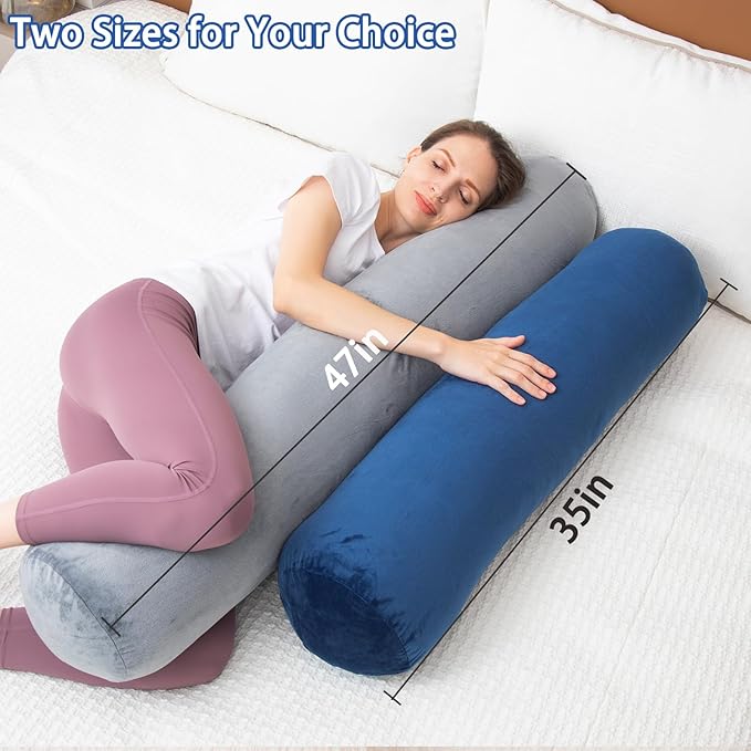 Body Pillow, Memory Foam Round Body Pillows for Adults, Firm Long Bolster Pillow for Bed, Cylinder Tube Roll Pillow with Velvet Cover, 47x7.87 Inches, Navy Blue