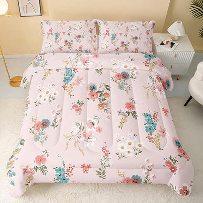 QOOMO Floral Comforter Full Size,Pink Floral Kids Comforter Set,3Pcs Bedding Set Printed Comforter with 2 Pillowcases,Down Alternative,Soft and Lightweight,for All Seasons