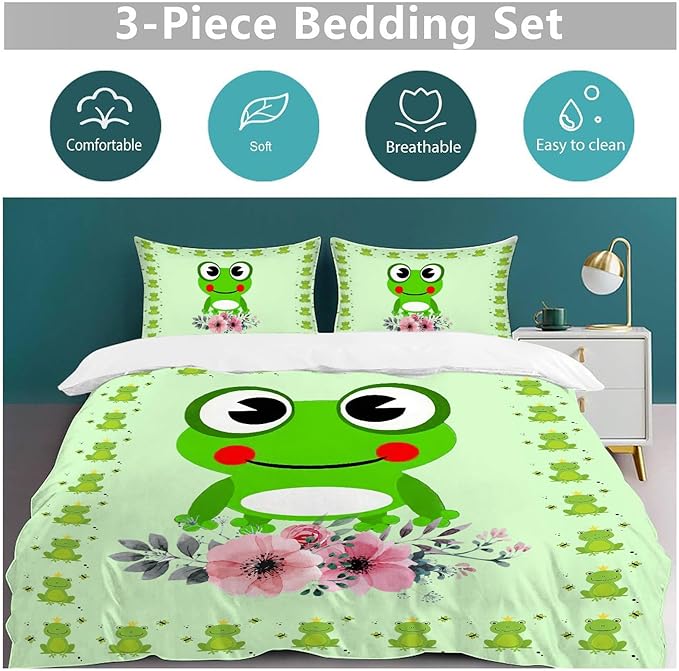 Frog Bedding Set Cartoon Frog Theme Comforter Set for Kids Teens Adults Women Men Green Frog Duvet Cover Bedroom Decor Soft King Size Quilt Cover with 2 Pillowcases