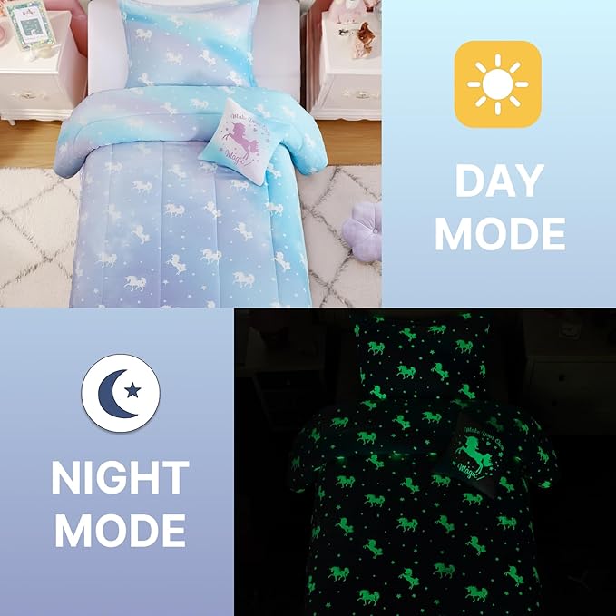 Twin Comforter Set for Girls-3 Pieces Unicorn Glow in The Dark Twin Bedding Sets for Kids,1 Comforter,1 Sham and 1 Decor Pillow