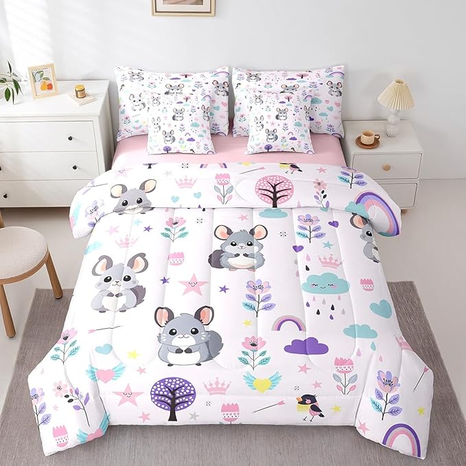 Erosebridal Comforters Full Size Set with Sheets for Kids Floral Rats Bedding,7 Pieces Bed in a Bag Full Cartoon Animal Bedding Sets with Comforter, Sheets, Pillowcases and Cushion Cases