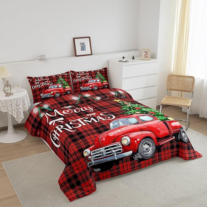 Erosebridal Christmas Comforter Set for Men & Women - Queen Size Merry Christmas Truck Duvet Insert - Black & Red Grid Checkered Down Comforter with 2 Pillowcases - Warm & Cozy for Holidays
