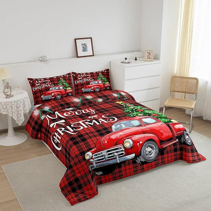 Erosebridal Christmas Comforter Set for Men & Women - Twin Merry Christmas Truck Duvet Insert - Black & Red Grid Checkered Down Comforter with 1 Pillowcase - Warm & Cozy Gift