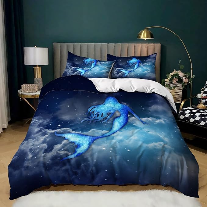 CVHOUSE Mermaid Duvet Cover Full Size,Sky Cloud Bedding Set for Girls Kids Teens,Mermaid Comforter Cover,1 2 Pillowcases 3 Piece Full 79'x89'