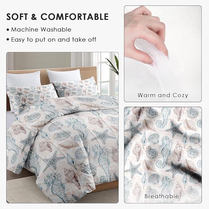 King Size Comforter Set with 2 Pillowcase, Sea Shells Seahorse Coral Soft 3 Pcs Bedding for Kids and Adults, Underwater Seashell Retro Comforter Set for Room Bedroom Bed Decor