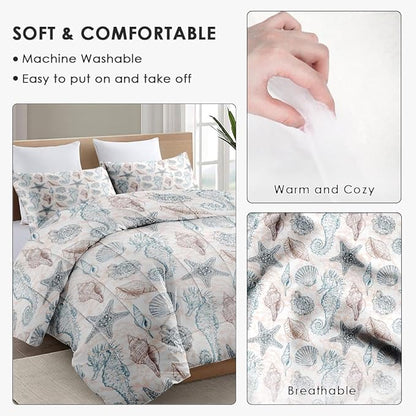King Size Comforter Set with 2 Pillowcase, Sea Shells Seahorse Coral Soft 3 Pcs Bedding for Kids and Adults, Underwater Seashell Retro Comforter Set for Room Bedroom Bed Decor
