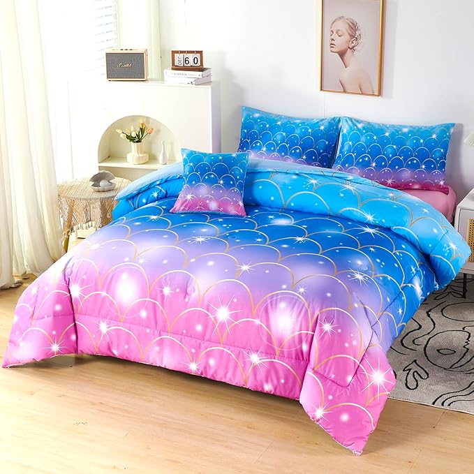 URBONUR Mermaid Comforter Set Full Size 6 Pieces Bed in a Bag Pink Blue Girls Bedding Colorful Bedroom Decor Soft All Season Kids Bed Sets