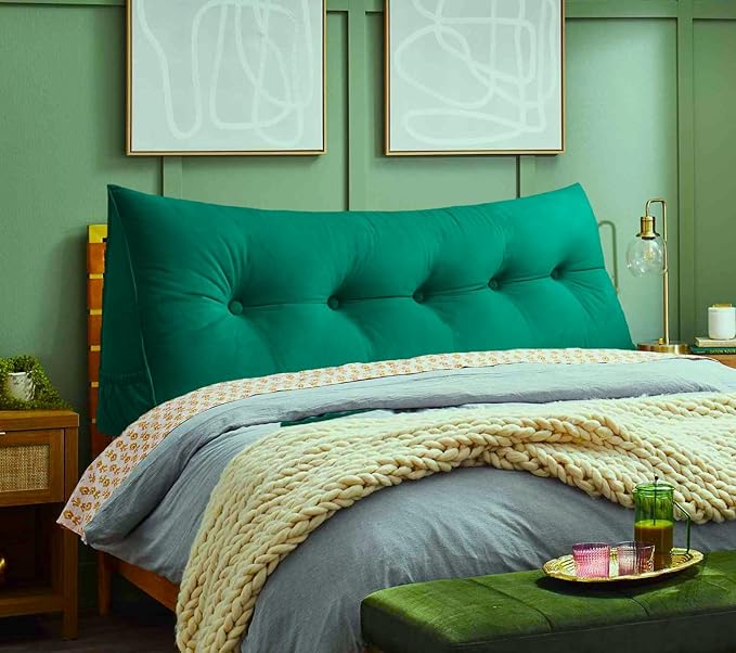 Triangular Reading Bed Rest Pillow Large Bolster Cushion Headboard Backrest Wedge Pillow with Removable Cover and Two Large Side Pockets (Green, California King: 71 x 8 x 20 inches)