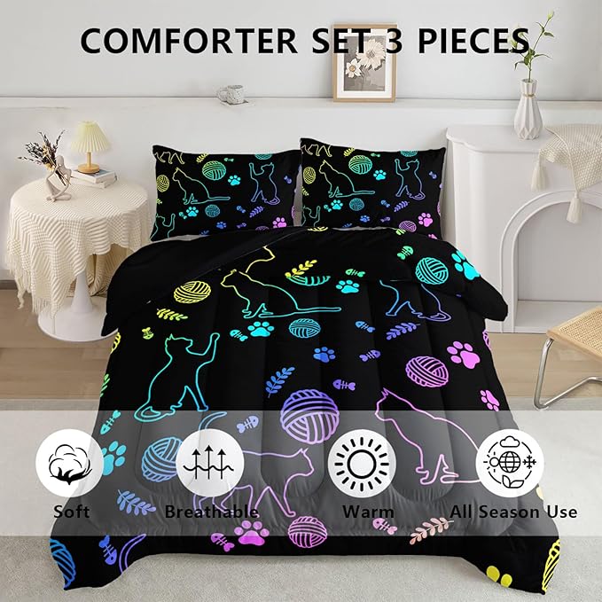 Black Cat Bedding Cartoon Cat Comforter Set Full,Neon Cat Paw Ball of Yarn Printed Kids Bedding for Cat Lover Boys Girls Adults Room Decor,Kids Comforter,1 Quilt 2 Pillow Cases,Neon Color Purple Blue