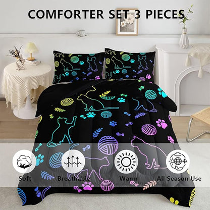 Black Cat Bedding Cartoon Cat Comforter Set Full,Neon Cat Paw Ball of Yarn Printed Kids Bedding for Cat Lover Boys Girls Adults Room Decor,Kids Comforter,1 Quilt 2 Pillow Cases,Neon Color Purple Blue