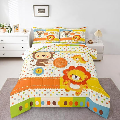 Lion Tiger Monkey Bedding Set Queen Size Cartoon Wild Animal Comforter Set for Kids Teens Room Decor Colorful Polka Dots Duvet Insert Cute Wildlife Theme Down Comforter Set,3Pcs