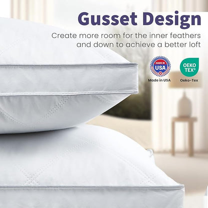 Dreamhood Luxury Goose Feather Down Pillow Queen Size Set of 2 - Made in USA Gusseted Hotel Bed Pillows with Premium 500 TC Cotton, Medium Firm Feather Down Pillow for Back