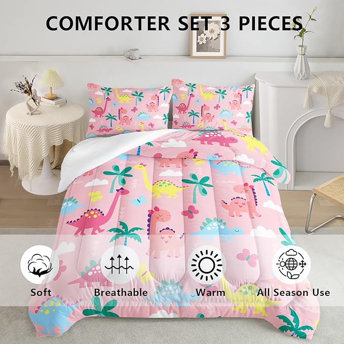 Axolotl Cute Dinosaur Comforter Set Queen,Colorful Dinosaur Girls Bedding Set,Dinosaurs Print Comforter Sets Botanical Palm Trees,Butterfly Bedding Set for Kids Girls Teens,1 Quilt 2 Pillowcases,Pink