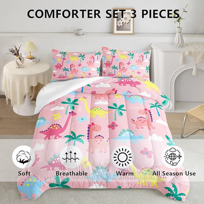 Axolotl Cute Dinosaur Comforter Set Queen,Colorful Dinosaur Girls Bedding Set,Dinosaurs Print Comforter Sets Botanical Palm Trees,Butterfly Bedding Set for Kids Girls Teens,1 Quilt 2 Pillowcases,Pink