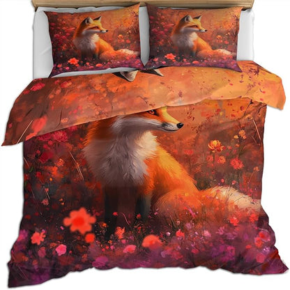 Red Fox Duvet Cover King Size, Beautiful Wild Fox Bedding Set 3 Piece Bedroom Decor Fantasy Decorative Comforter Cover with Zipper Ties & 2 Pillowcases