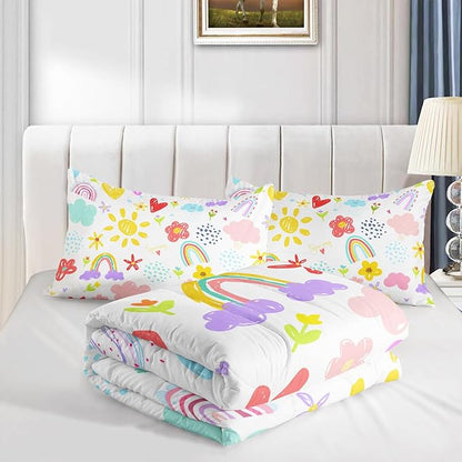 Colorful Rainbow Comforter Graffiti Cute Sun Flowers Bedding 3Pcs Queen Cartoon Hearts Cloud Pattern Quilt Set for Kids Teens Girls Boys Raindrop Bed Set with 1 Comforter and 2 Pillowcases