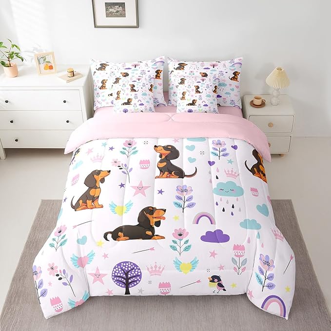 Erosebridal 7Pcs Floral Dachshund Kids Bedding Set for Boys,Queen Size Comforter Set with Sheets and Pillowcase,7Pcs Bed in a Bag,Cartoon Animal Children Bed Set, Cute Flower Comforter