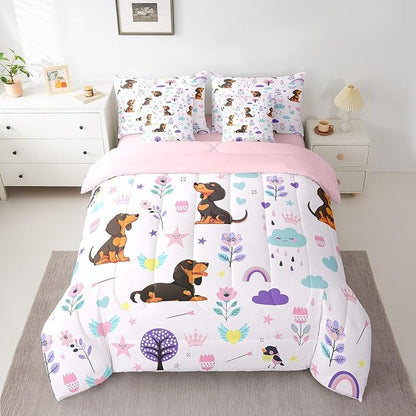 Erosebridal 7Pcs Floral Dachshund Kids Bedding Set for Boys,Queen Size Comforter Set with Sheets and Pillowcase,7Pcs Bed in a Bag,Cartoon Animal Children Bed Set, Cute Flower Comforter