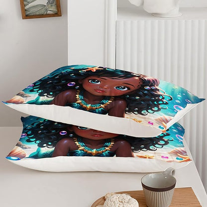 Black Girl Mermaid Comforter Set Twin Size, Kawaii Mermaid Bedding Set with Bubble Design for Kids Girl, Ocean Theme Duvet Set with 2 Pillowcases