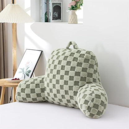 Aimuan Reading Pillow Checkered Bed Rest Wedge Backrest Checkerboard Pillow with Arms Back Support for Sitting Up in Bed Cushion Incline Rest Sleeping Snoring Pillow, Light Green Large