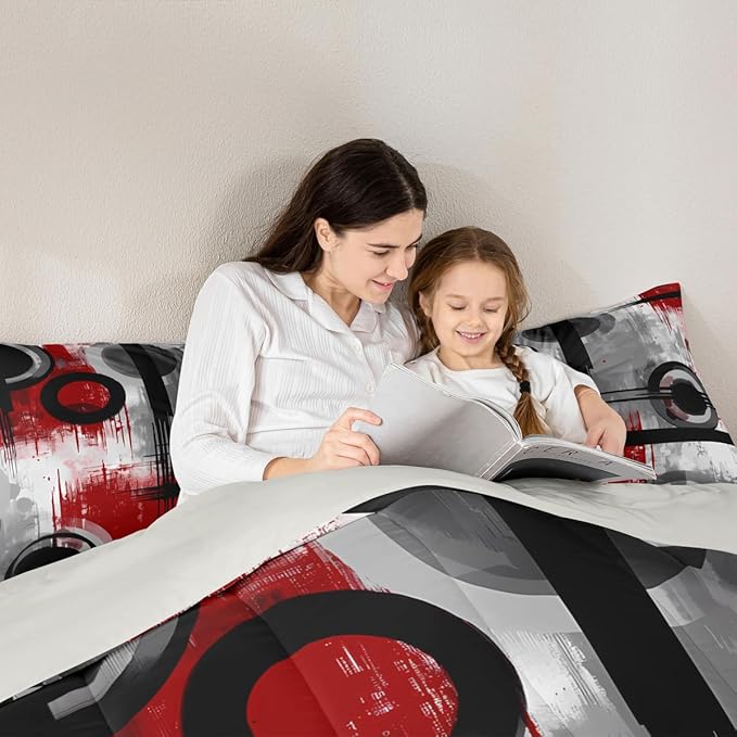 Feelyou Kids Abstract Comforter Set Toddler Size Modern Art Bedding Set for Boys Girls Teens Bedroom Decor Geometric Comforter Women Men Geometric Red Black Duvet Set with 1 Pillow Case