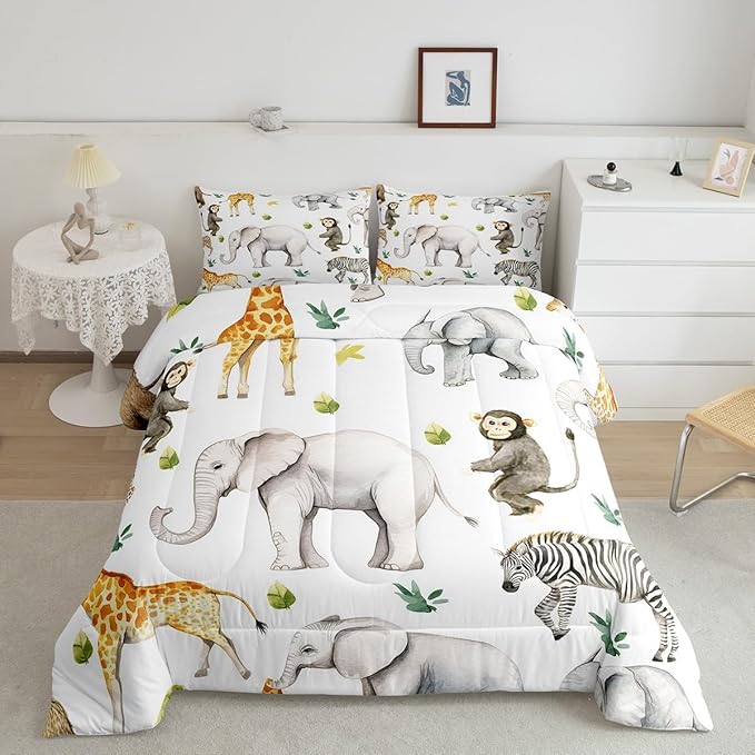 Castle Fairy Wild Animal Theme Comforter Set King Size Monkey Elephant Giraffe Bedding Set Bedroom Decor Tropical Wildlife Quilt Set for Kids Boys Girls Green Leaves Duvet Insert 3Pcs