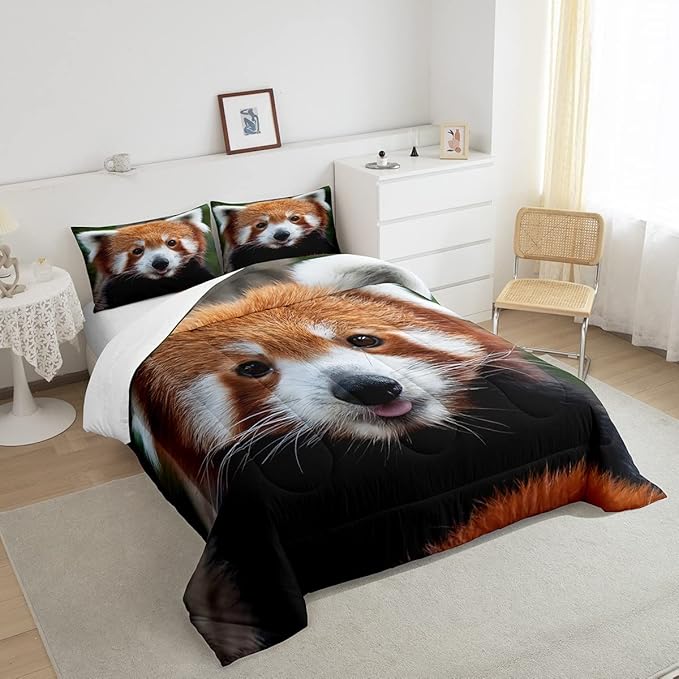 Feelyou Red Panda Comforter Bed Set Cute Panda Bedding Set for Kids Boys Girls Wild Animal Decor Comforter Set Jungle Wildlife Style Quilt Set Bedroom Collection 3Pcs Queen Size