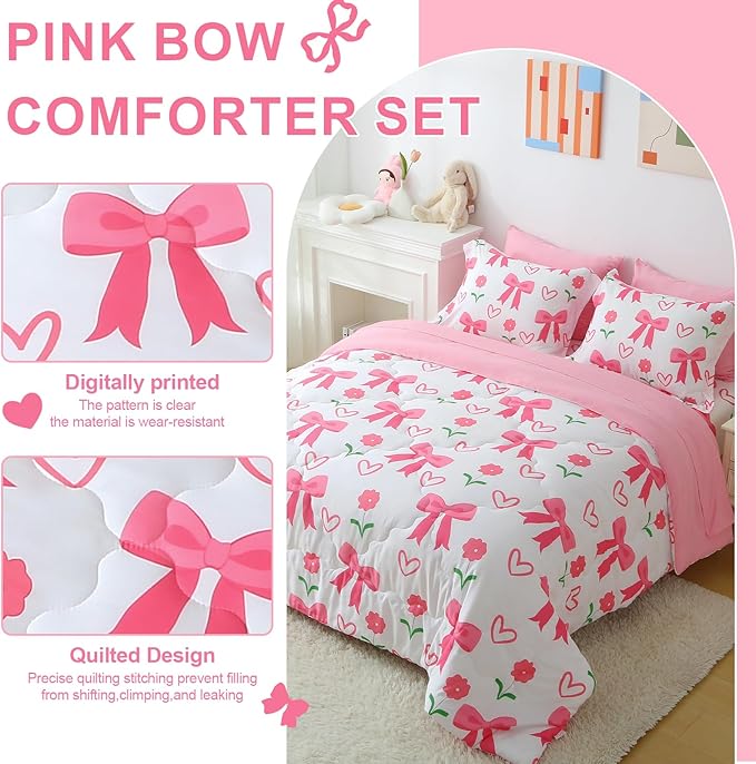 Pink Bow Comforter 7 Pieces Comforter Set Queen Size Pink Flower Bow Comforter for Girls Kids Romantic Princess Style Bow Tie Bedding Set Super Soft All Season