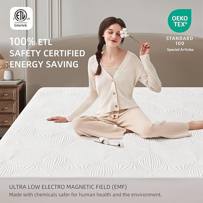 Bwarm Heated Mattress Pad ETL Certified Flower Bed Warmer with 9 Heat Settings, 1-12 Hours Auto Off Deep Pocket, Machine Washable, White (Twin)