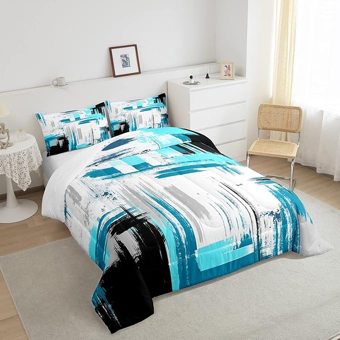 Abstract Comforter Set for Girls Boys Kids Modern Abstract Art Comforter Room Decorative Teal Blue White Black Bedding Set Luxury Duvet Set Toddler Size 2Pcs Comforter Inner Fill