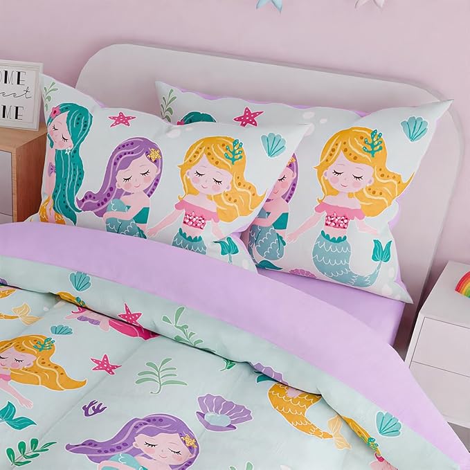 SANDJEST Mermaid Bedding Full for Girls, Ultra Soft Microfiber Comforter Set Full Size with 4-Pieces, Comforters Bed Sets for Kid Children Teen Tween Bedroom Decor