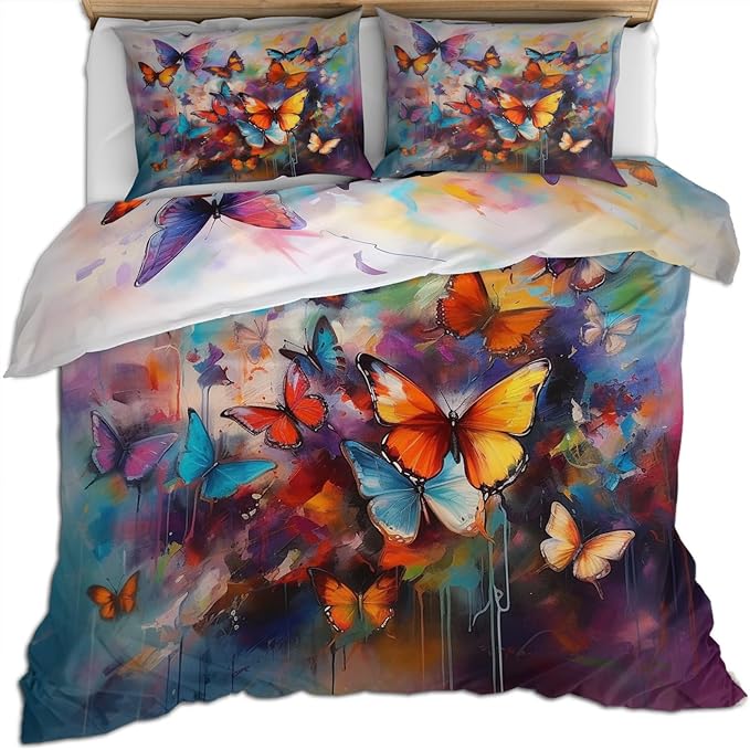 Colorful Butterfly Duvet Cover Twin Oil Painting Butterfly Bedding Set 2 Piece for Kids Decor Graffiti Art Comforter Cover and 1 Pillow Sham with Zipper Closure