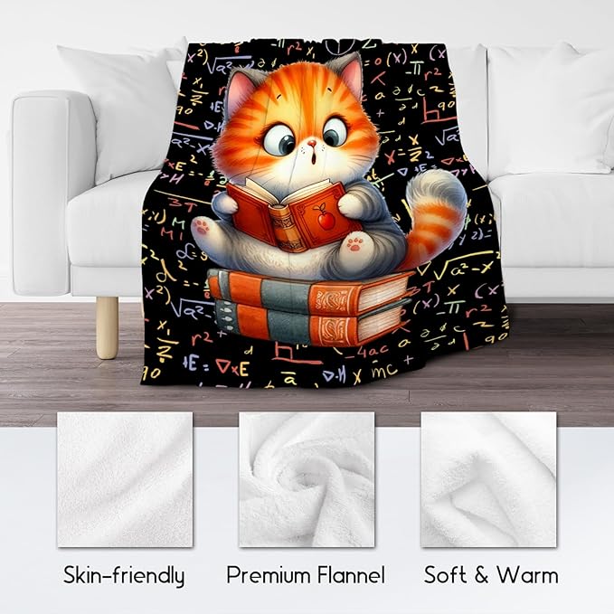 Cat Blankets for Girls - Kids Blanket Gifts for Book Lovers - 50x60 Inch Cozy Soft Flannel Cute Throw for Couch, Office Bed