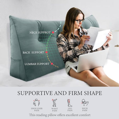 11 lbs Thickened Queen Wedge Pillow Headboard Body Positioner Bed Wedge Pillow Backrest Support Triangular Headboard Cushion with Side Pocket Velvet Positioning Support Gray