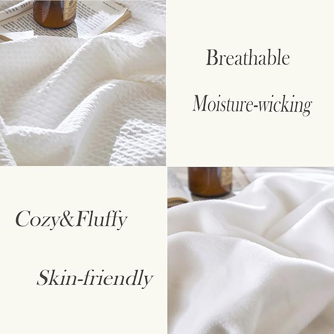 CHUFFED Cotton Waffle Blanket Queen Size-Plush Milk Velvet & Reversible Waffle Weave,Anti-Static 500Gsm Design，Thick Cozy Soft Winter Blanket for Bed, Couch, Sofa - White, 90x90 Inches