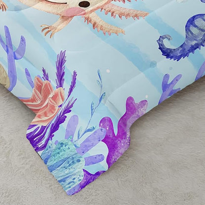 Kawaii Axolotl Ocean Comforter 3Pcs Queen Salamander Hippocampus Marine Animal Jellyfish Fish Bedding Set for Kid Boy Girl Teen Adult Coral Starfish Bed Decor with 1 Comforter and 2 Pillowcases