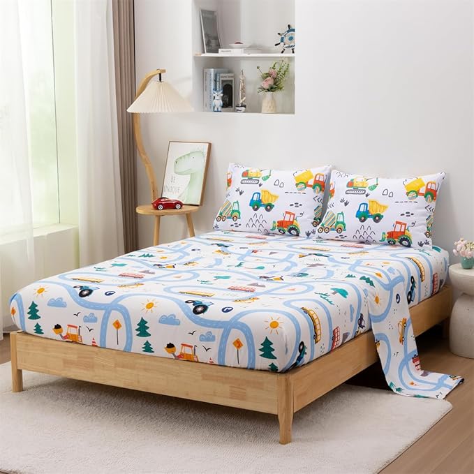 NTBED 5 Pieces Construction Truck Twin Comforter Set for Boys Kids Colorful Painting Vehicles Excavator Lightweight Microfiber Bedding Sets