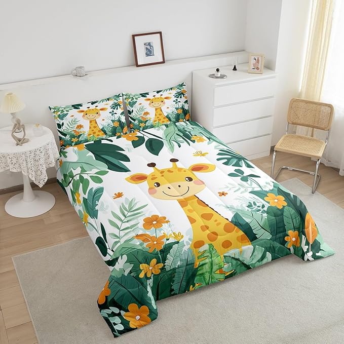 Castle Fairy Giraffe Comforter Set Toddler Size Cartoon Jungle Animal Bedding Set Bedroom Decor Tropical Palm Leaves Flower Quilt Set for Kids Boys Girls Cute Giraffe Duvet Insert 2Pcs