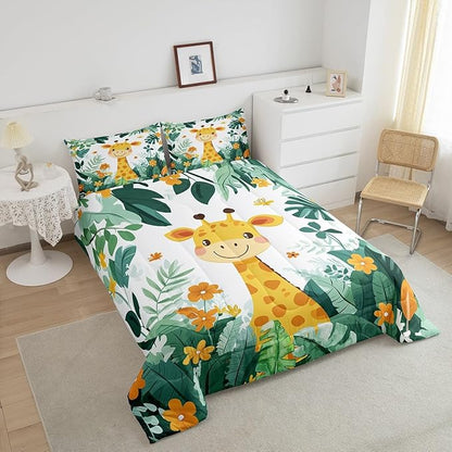 Castle Fairy Giraffe Comforter Set Toddler Size Cartoon Jungle Animal Bedding Set Bedroom Decor Tropical Palm Leaves Flower Quilt Set for Kids Boys Girls Cute Giraffe Duvet Insert 2Pcs