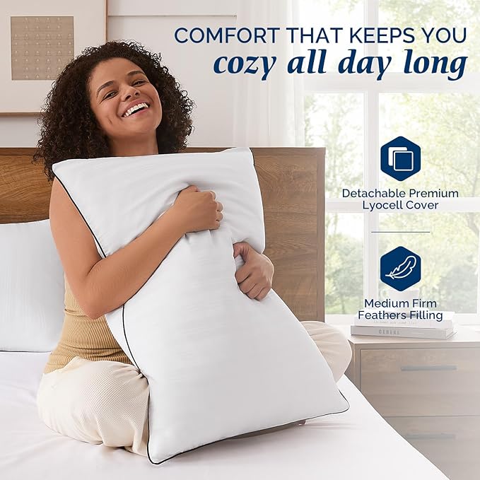 downluxe Goose Feather and Down Pillows - Hotel Collection Feather Pillows for Back, Stomach or Side Sleepers, Bed Pillows Queen Size Set of 2 (20"x28")