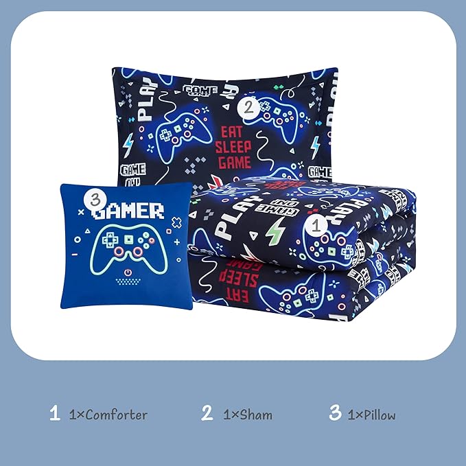 Kids Comforter Set Twin Size for Boys, Glow in The Dark Gamer Bedding Set 1 Comforter, 1 Decor Pillow, 1 Pillow Sham, Twin XL Comforter Set Dorm Bedding