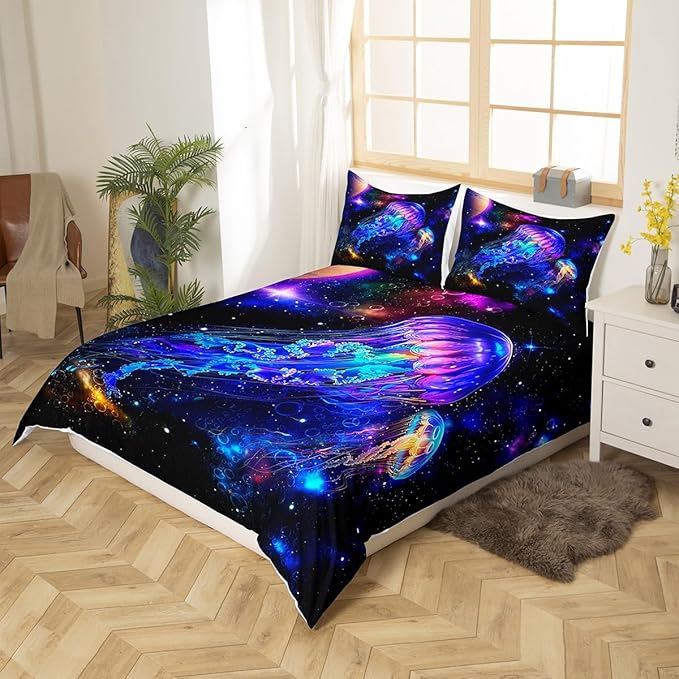 Jellyfish Galaxy Duvet Cover Set King Size,Blue Nebula Spaceship Comforter Cover with 2 Pillowcases,Universe Stars Planets Modern Bedding Set for Adult Young Bedroom Xman Gift