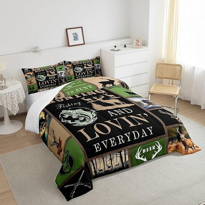 Feelyou Big Pike Fish Bedding Set Deer Comforter Set for Kids Teens Boys Fish and Hunt Duvet Set Antlers Fish Fishing Rod Inner Fill Comforter 1 Comforter Set with 2 Pillowcases Queen Size