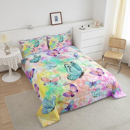 Feelyou Butterfly Comforter Set Tie Dye Flying Butterflies Theme Bedding Set for Kids Boys Girls Teens Rainbow Watercolor Decor Comforter Colorful Quilt Set Room 3Pcs King Size